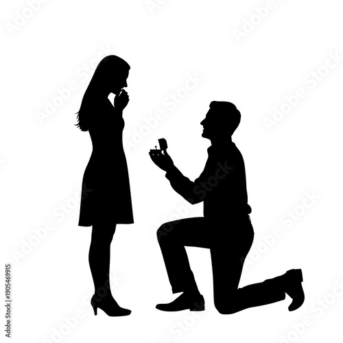 Man proposing to woman with ring, romantic gesture, silhouette, black and white, isolated on transparent background, png, for illustration or design