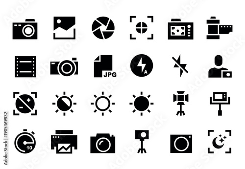 Camera icons. Photo focus, auto exposure and flash, selfie. Stick, tripod and studio light lamp, timer and printer. Black silhouette camera photography ui pictograms. Vector isolated set
