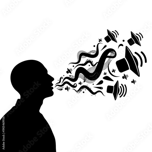 man shouting with speech bubbles and sound waves coming out of his mouth, vector illustration for presentation or website