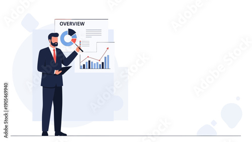 Businessman Presenting Financial Data Overview on Whiteboard