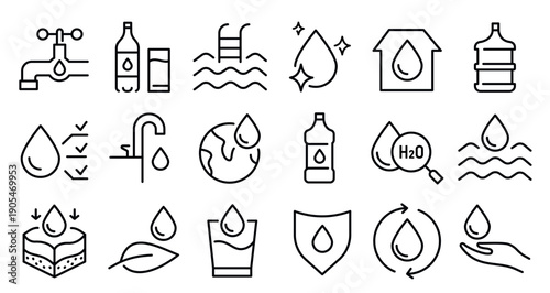 Water line icons. Eco clean water drop shield, faucet and plumbing, hydration and filtration, swimming pool, sea wave and aqua liquid symbols. Outline droplet for drink purity quality. Vector set