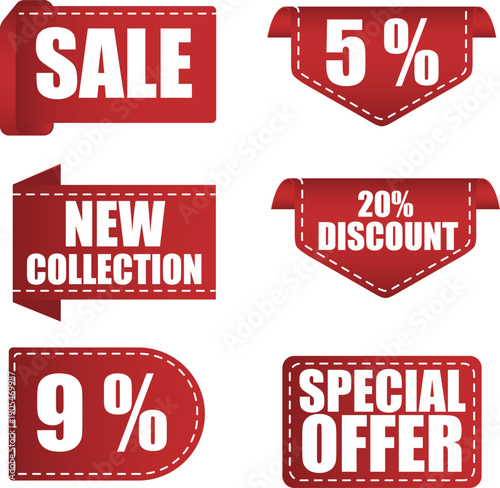 Red tag, sale label, new collection banner, discount sticker. Product promotion icon. Vector set.