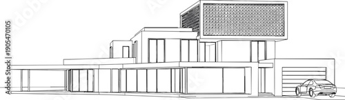 Modern luxury house exterior perspective line art drawing with multi-level flat roof garage and car architectural illustration