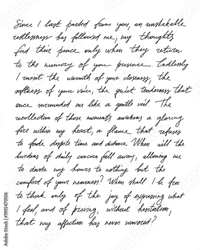 Handwritten text with cursive script and vintage ink texture for romantic invitation card, poetic letter. Calligraphy quote for love manuscript, emotion scribble pattern isolated fake text background