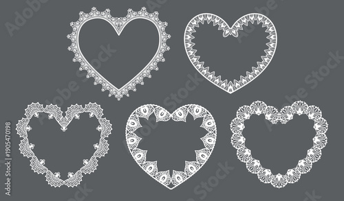 Lace heart border. Doily frames and filigree trim for vintage wedding invitation, romantic greeting card and bridal craft or Valentine design. Ornate pattern for love vector clipart, monograms