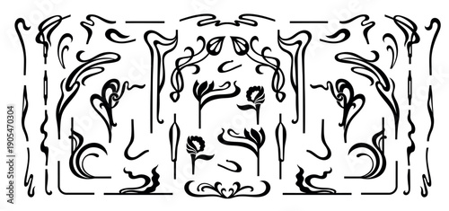 Art nouveau flourish frames. Filigree scrolls and botanical vines for vintage frame borders, elegant art deco floral dividers, baroque corner embellishment jugendstil design. Isolated vector set