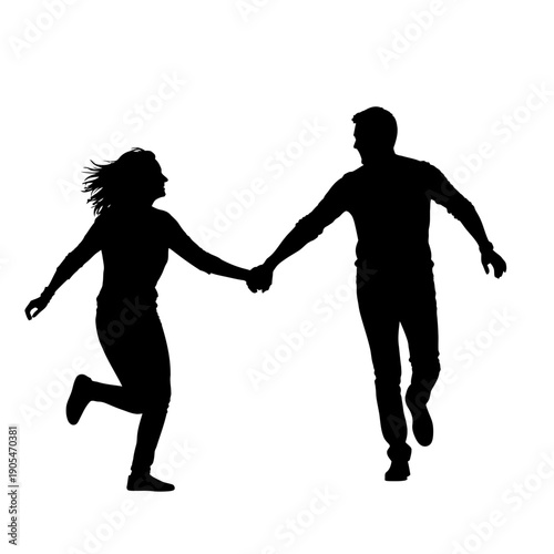 Silhouette of happy couple running hand in hand, joyful lovers in motion, romantic getaway or valentine's day illustration Isolated on transparent background, png