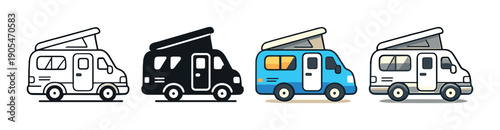 Diverse camper van icons with colored lighting variations