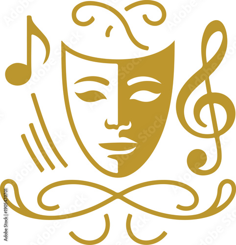 Golden Mask & Music Outline Icon Set  Carnival, Theater, and Festival Theme