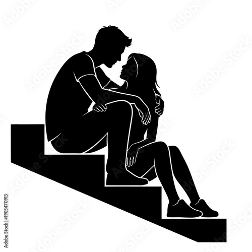 Black silhouette of a man comforting a woman sitting on stairs, vector illustration for emotional or mental health concept, Isolated on transparent background, png