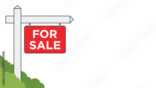 Property listing for sale sign on a white post positioned near green bushes against a plain background for advertising real estate availability.