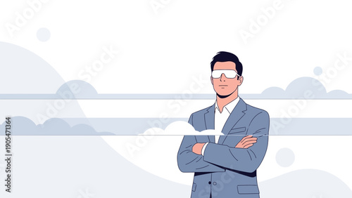 Confident Businessman in VR Goggles with Arms Crossed, Futuristic Technology Concept