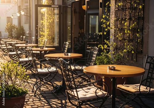 Empty cafe terrace with neatly arranged chairs in early spring sunlight