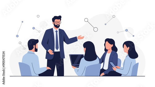 Business Meeting: Speaker Presenting to Team in Modern Office