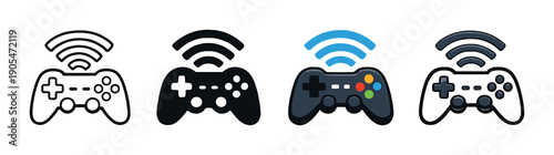 Colorful game controller icon with wi-fi signal on dark background