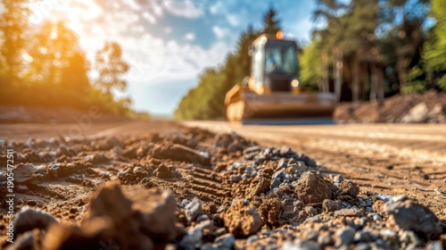 Construction site with a bulldozer working on a dirt road. Sunlight shines through trees, creating a warm atmosphere. Gravel and tire tracks are visible in the foreground.