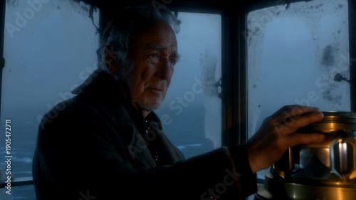 Portrait of a weathered lighthouse keeper maintaining his post during a stormy night on the sea