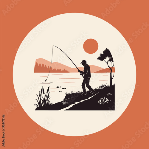 fishing landscape, silhouette of person fishing, tree in foreground, sun setting in background, digital art, minimalist, vector illustration