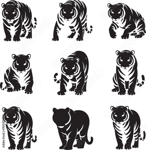black and white tiger silhouettes on white background