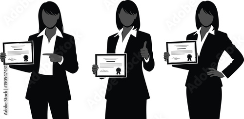 Three confident businesswomen proudly holding certificates