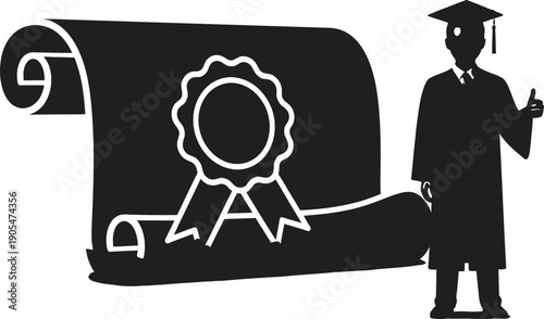 Graduate in cap and gown standing next to certificate