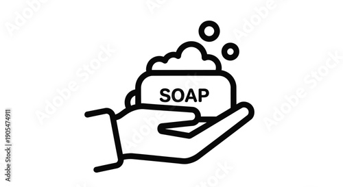 Hand holding bar of soap with bubbles simple line art illustration