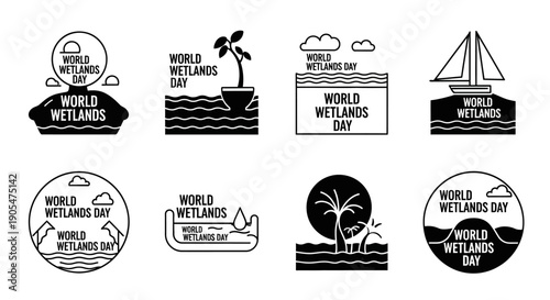 World Wetlands Day black and white icon set with various nature and water related symbols.