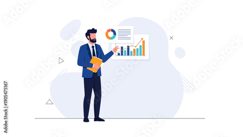 Businessman presenting financial data and charts with analysis and strategy.