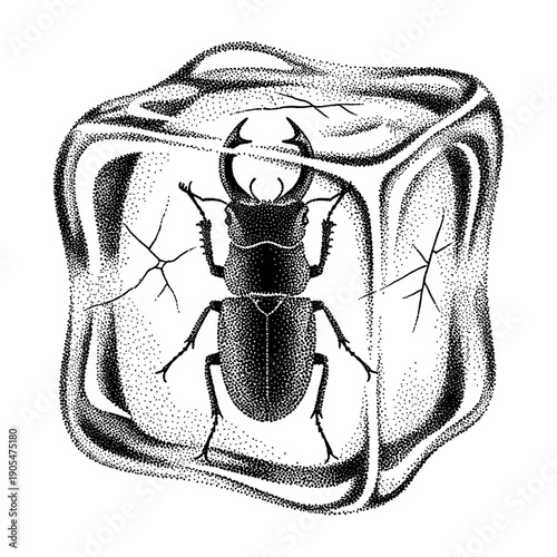 stag beetle preserved in a cracked ice cube Illustration in retro halftone stippling style