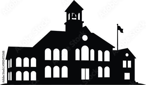 School building silhouette with clock tower and flag on a pole viewed from the front
