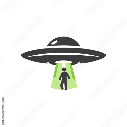 UFO Abducting Human with Green Beam icon logo flat vector design