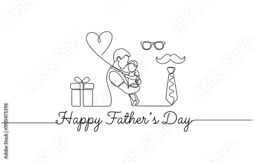 Continuous one line drawing of Father and Son walking with Fathers Day Text. Family and fatherhood concept in editable stroke. Doodle oneline vector illustration