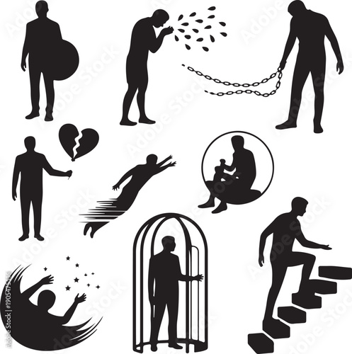 set of black silhouettes of people in various emotional states and actions on white background