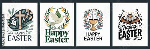 Happy Easter with Cross, Dove, Chalice, and Bible Designs