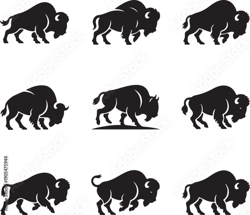 black silhouettes of bison in various poses on white background