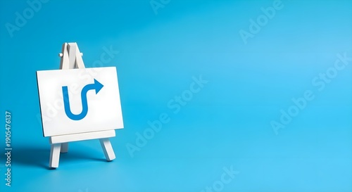 Strategic Business Pivot: Small easel with u-turn arrow icon on blue background, change of direction, career transition, problem solving strategy, flexibility and improvement concept