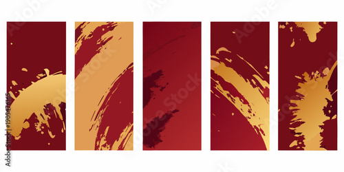 Abstract vertical panels with gold and deep red brushstroke textures
