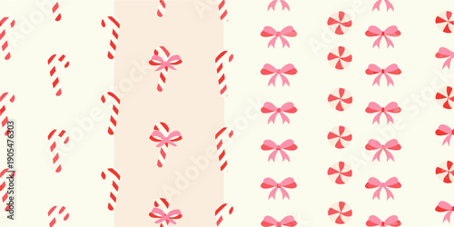 Festive background with candy canes and pink bows on cream