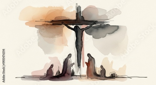 Somber watercolor illustration of christ's crucifixion and mourning silhouettes, capturing the spirit of good friday.