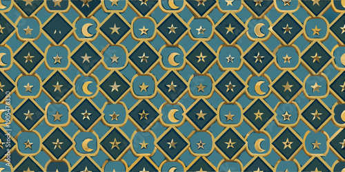 Repeating pattern of gold stars crescent moons and diamond shapes