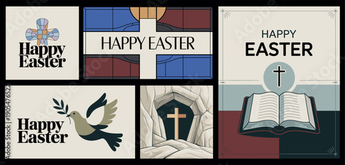 Christian Happy Easter Card Set with Cross Bible and Dove Illustrations