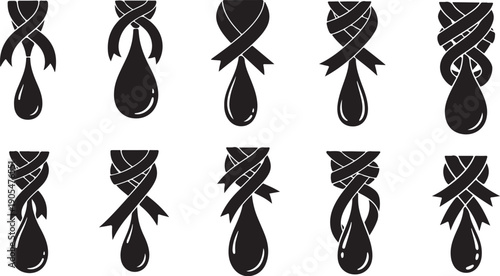 Set of black teardrop shapes with ribbon designs isolated
