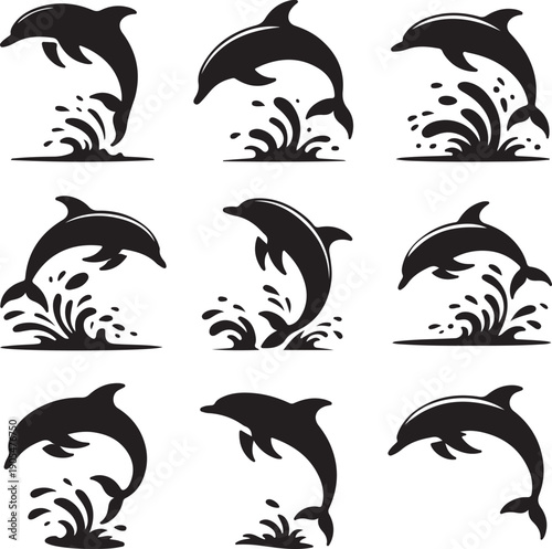 black silhouettes of dolphins jumping out of water in various poses