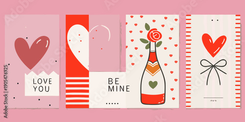 Four valentine s day cards with hearts flowers and romantic messages