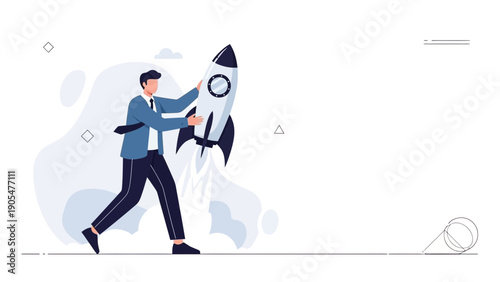 Businessman launching rocket, startup concept, innovation, growth, success, modern flat design