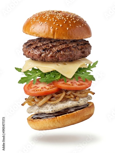Wallpaper Mural Exploded layered gourmet hamburger with premium ingredients on white background
 Torontodigital.ca