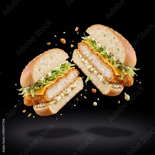 Wallpaper Mural Half cut fish burger with crispy fillet on black background
 Torontodigital.ca