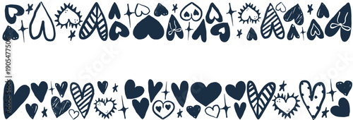 Trendy vintage love frame with copy space. Hand drawn hearts and star border in navy ink with a playful, sketchy style. 