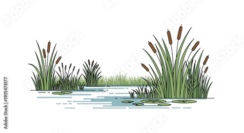 Illustration of a serene pond with cattails and water lilies, depicting a peaceful natural wetland environment.