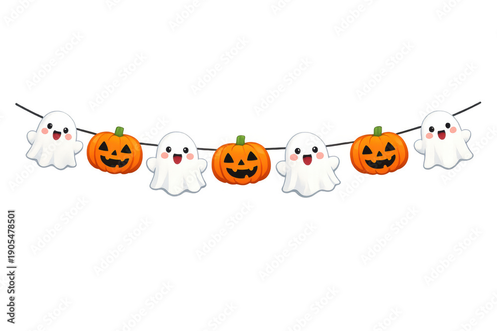 Obraz premium Halloween garland displaying cute cartoon ghosts and smiling jack-o'-lantern pumpkins on a string, transparent background